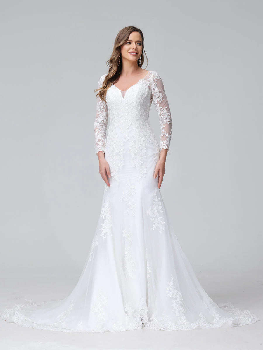 Wholesa Trumpet/Mermaid V-Neck Long Sleeves Lace Wedding Dresses