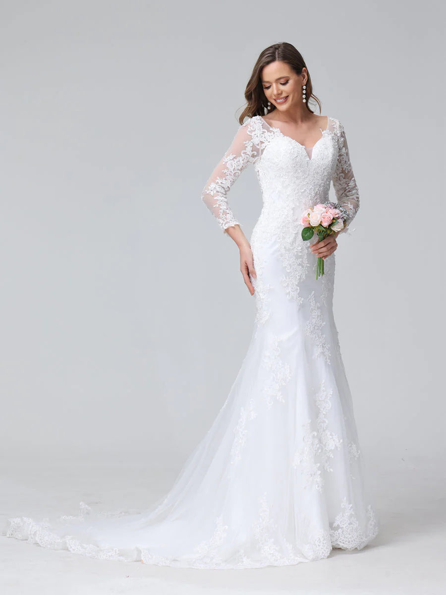 Wholesa Trumpet/Mermaid V-Neck Long Sleeves Lace Wedding Dresses