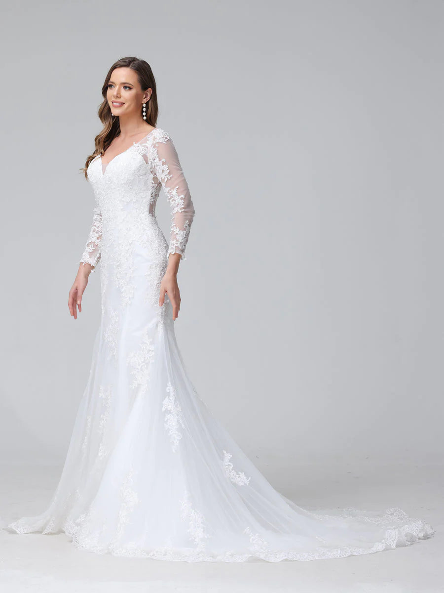 Wholesa Trumpet/Mermaid V-Neck Long Sleeves Lace Wedding Dresses