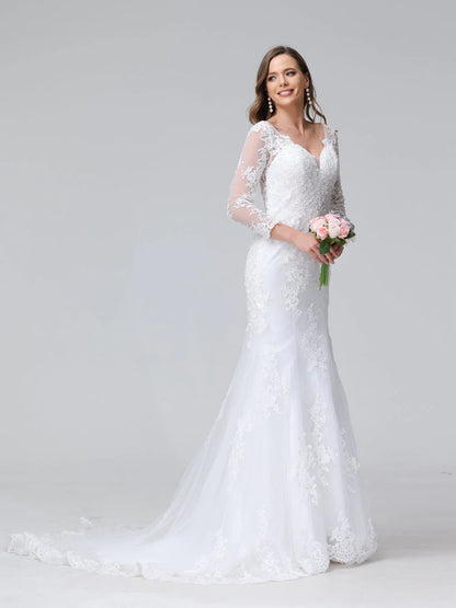 Wholesa Trumpet/Mermaid V-Neck Long Sleeves Lace Wedding Dresses