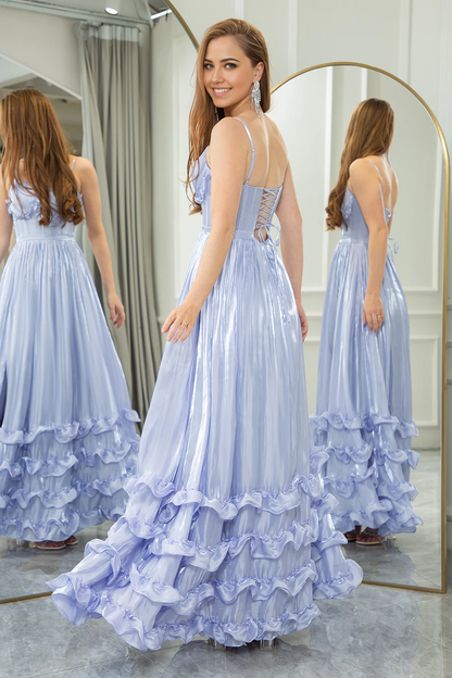 Wholesale A Line Lavender Prom Dress Spaghetti Straps Tiered Long Evening Dress Corset With Slit