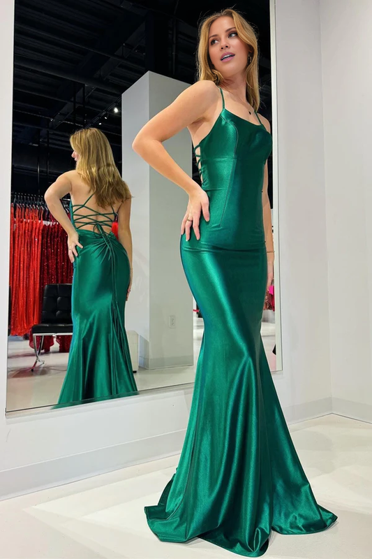 Wholesale Emerald Long Prom Gown Prom Dresses Scoop Neck Lace-Up Mermaid Evening Dress