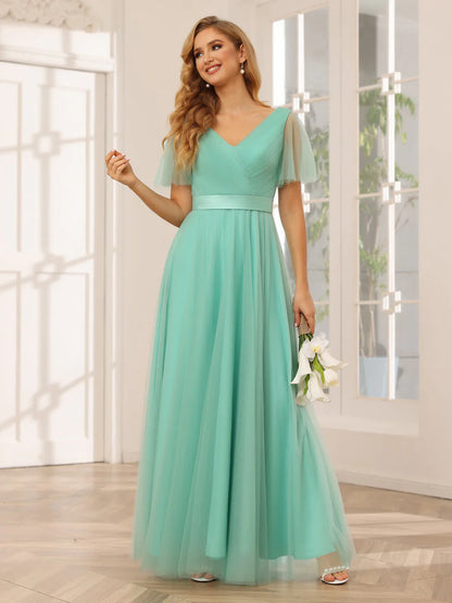 Wholesa A-Line/Princess Tulle Long Bridesmaid Dresses With Sleeves