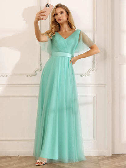 Wholesa A-Line/Princess Tulle Long Bridesmaid Dresses With Sleeves