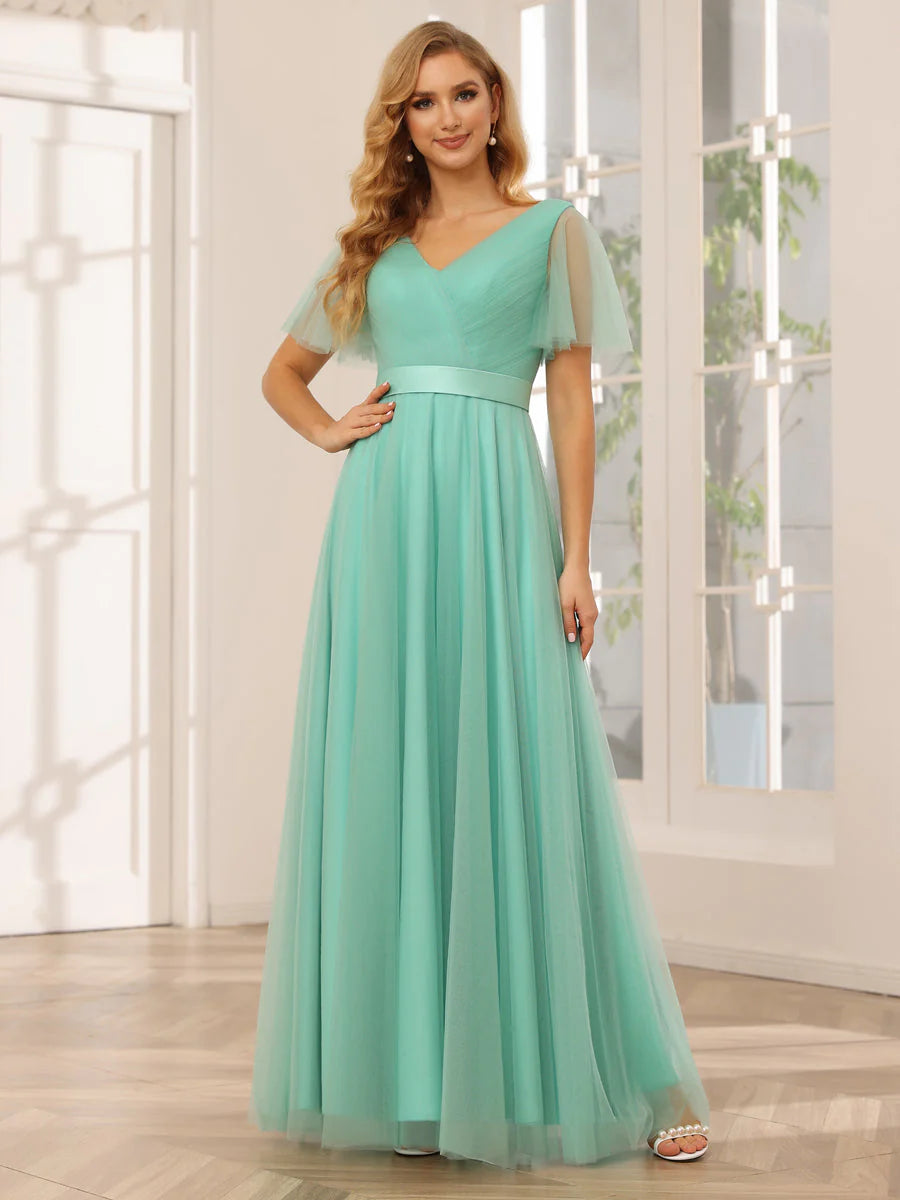 Wholesa A-Line/Princess Tulle Long Bridesmaid Dresses With Sleeves