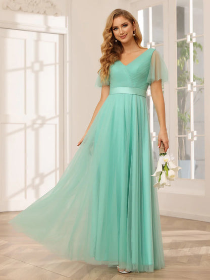 Wholesa A-Line/Princess Tulle Long Bridesmaid Dresses With Sleeves