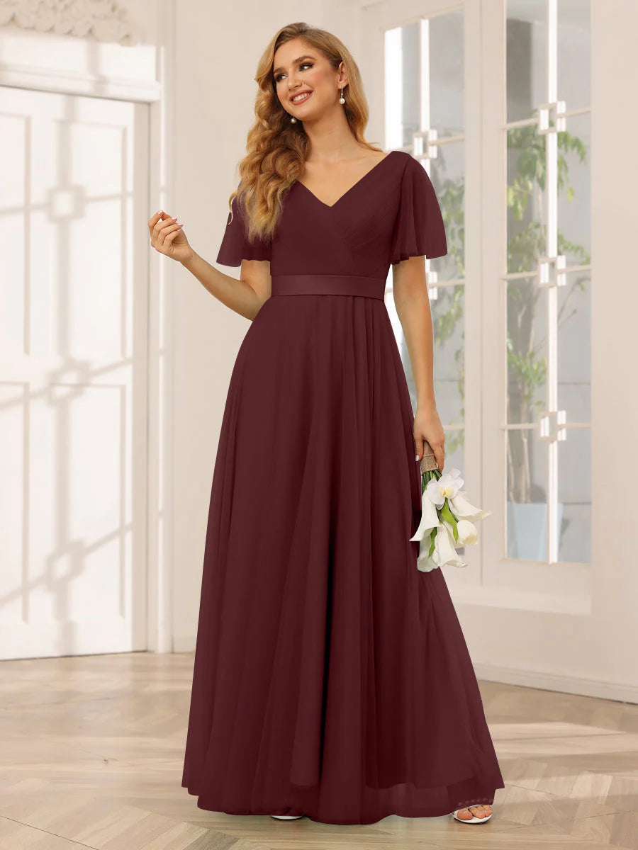 Wholesa A-Line/Princess Tulle Long Bridesmaid Dresses With Sleeves