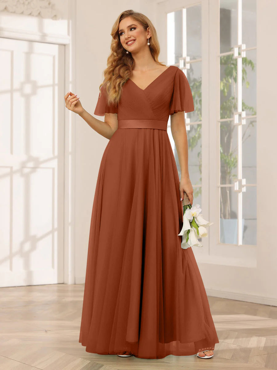 Wholesa A-Line/Princess Tulle Long Bridesmaid Dresses With Sleeves