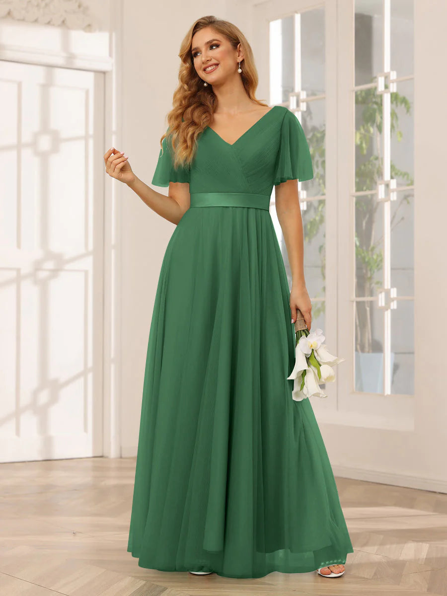 Wholesa A-Line/Princess Tulle Long Bridesmaid Dresses With Sleeves