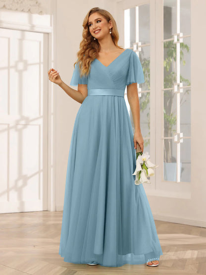 Wholesa A-Line/Princess Tulle Long Bridesmaid Dresses With Sleeves