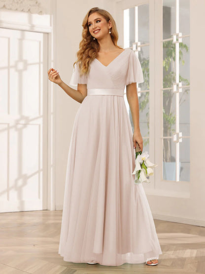 Wholesa A-Line/Princess Tulle Long Bridesmaid Dresses With Sleeves