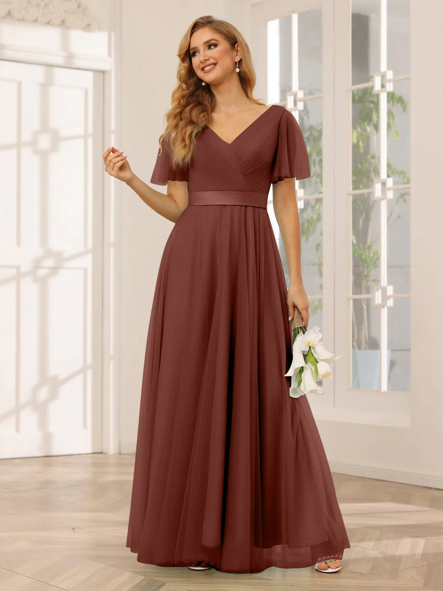 Wholesa A-Line/Princess Tulle Long Bridesmaid Dresses With Sleeves