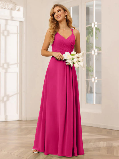 Wholesa A-Line/Princess V-Neck Long Bridesmaid Dresses With Ruched