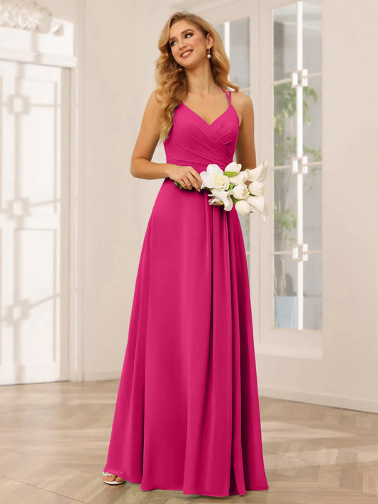 Wholesa A-Line/Princess V-Neck Long Bridesmaid Dresses With Ruched