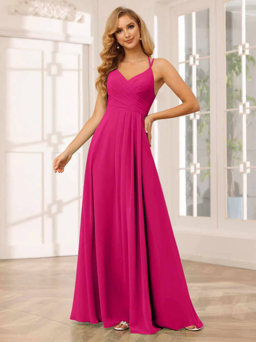 Wholesa A-Line/Princess V-Neck Long Bridesmaid Dresses With Ruched