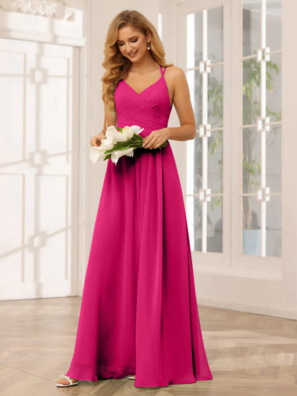 Wholesa A-Line/Princess V-Neck Long Bridesmaid Dresses With Ruched