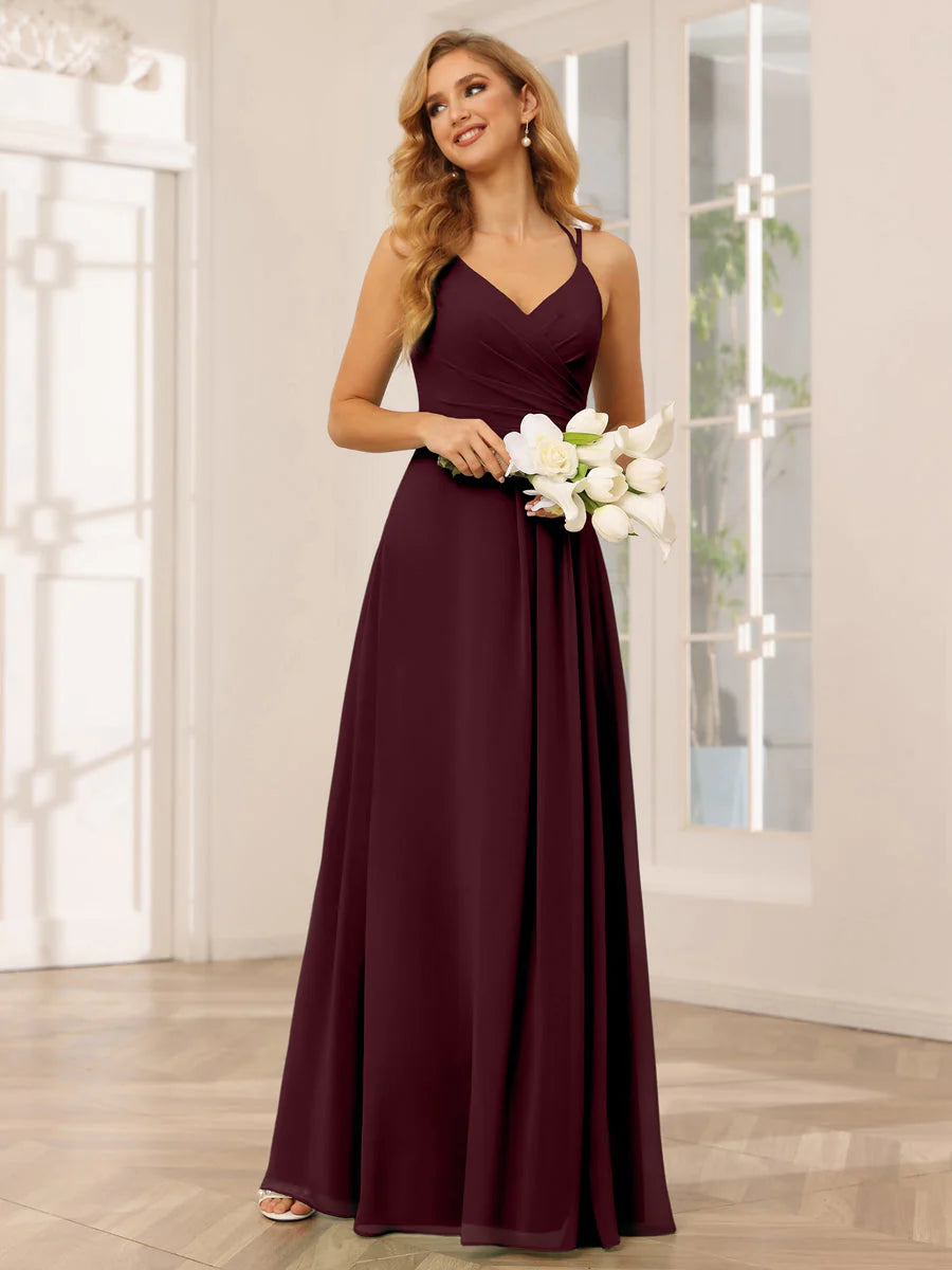 Wholesa A-Line/Princess V-Neck Long Bridesmaid Dresses With Ruched