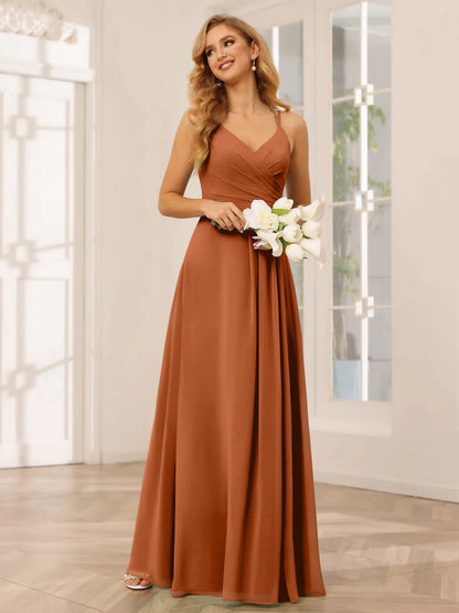 Wholesa A-Line/Princess V-Neck Long Bridesmaid Dresses With Ruched