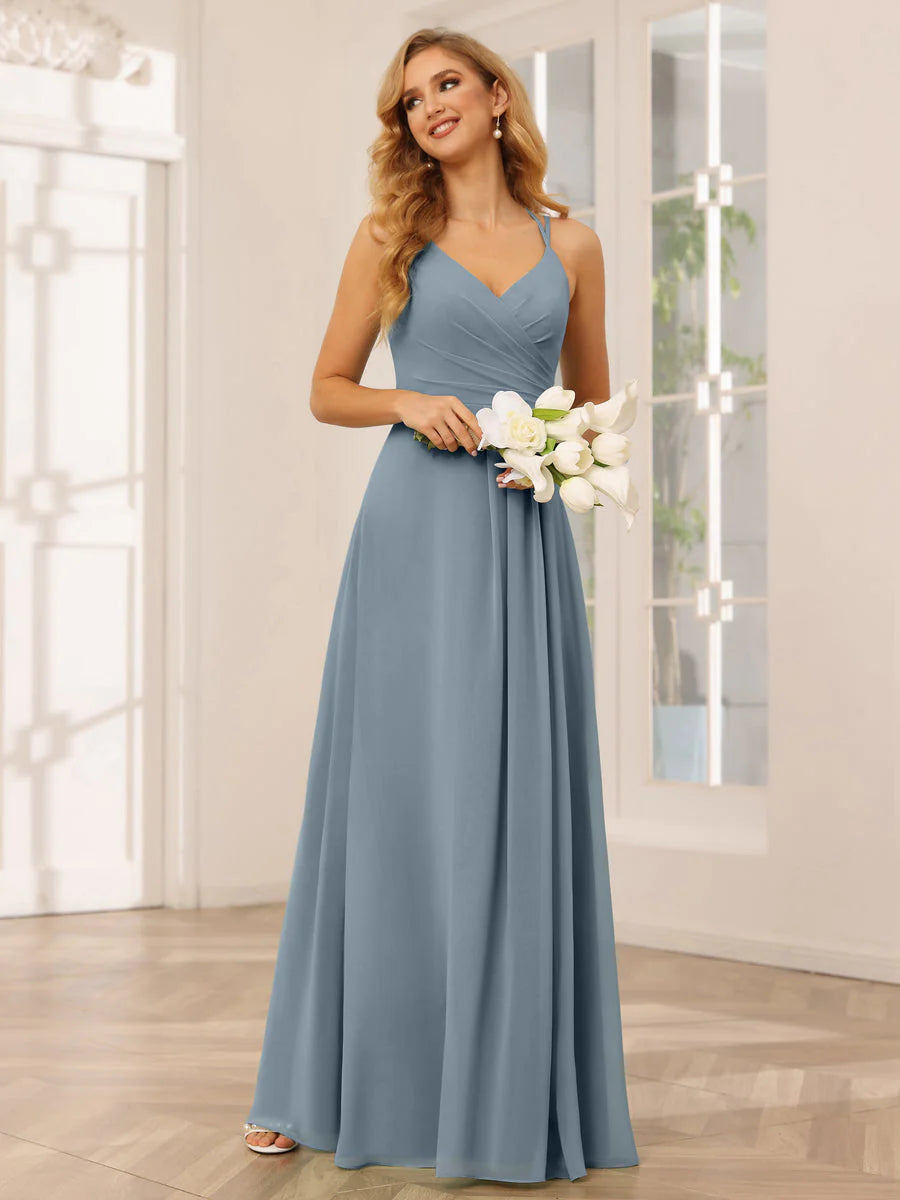 Wholesa A-Line/Princess V-Neck Long Bridesmaid Dresses With Ruched