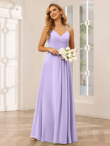 Wholesa A-Line/Princess V-Neck Long Bridesmaid Dresses With Ruched