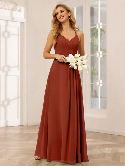 Wholesa A-Line/Princess V-Neck Long Bridesmaid Dresses With Ruched