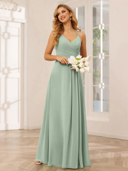 Wholesa A-Line/Princess V-Neck Long Bridesmaid Dresses With Ruched