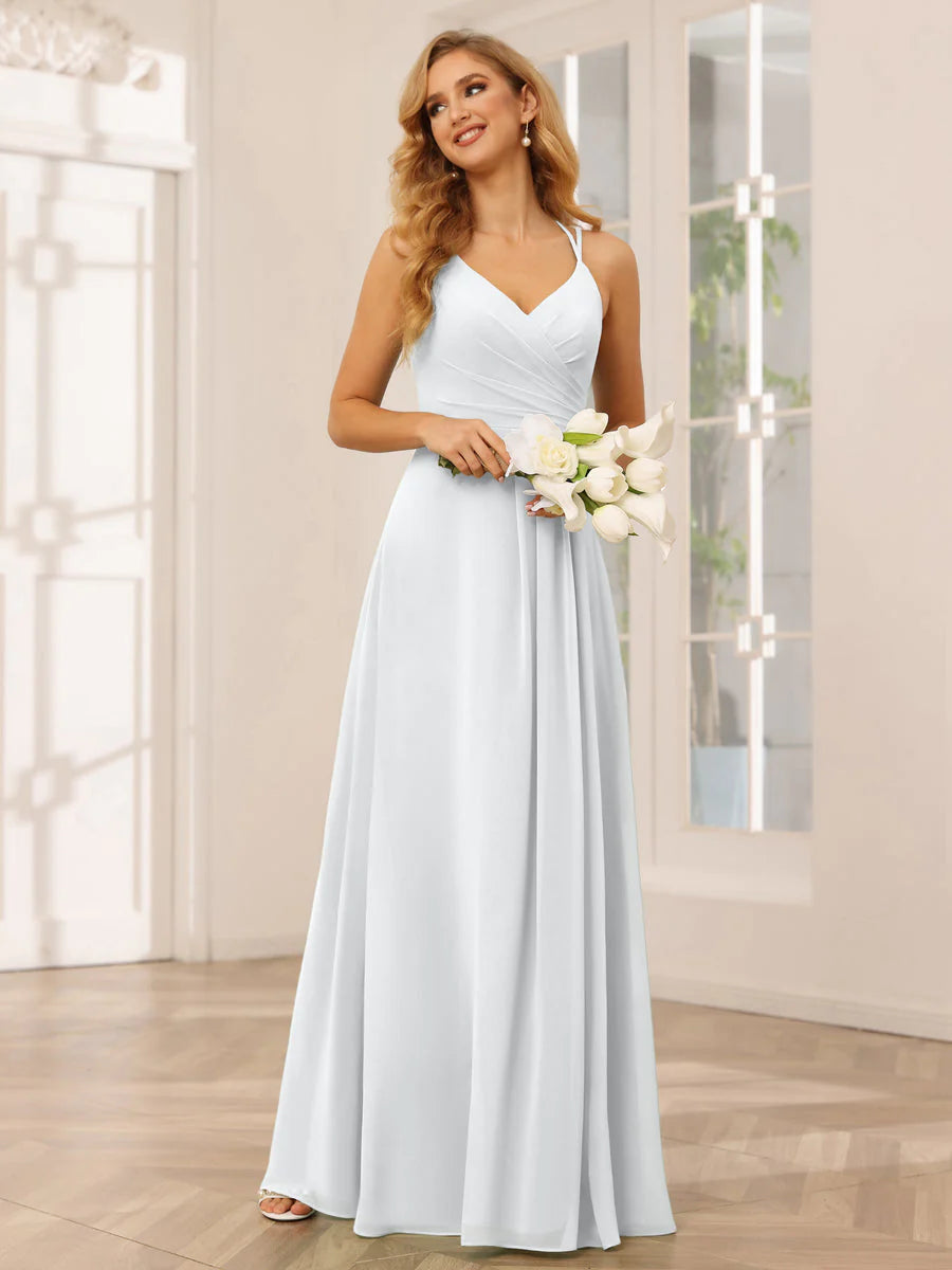 Wholesa A-Line/Princess V-Neck Long Bridesmaid Dresses With Ruched