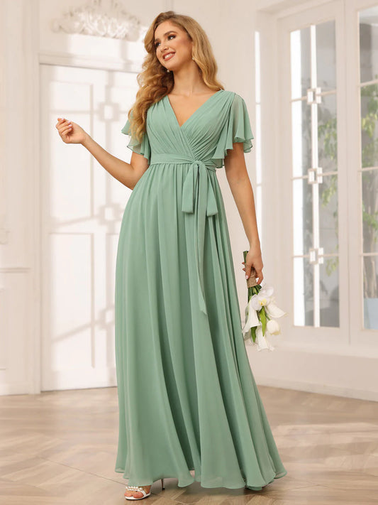 Wholesa A-Line/Princess V-Neck Short Sleeves Long Bridesmaid Dresses With Sash