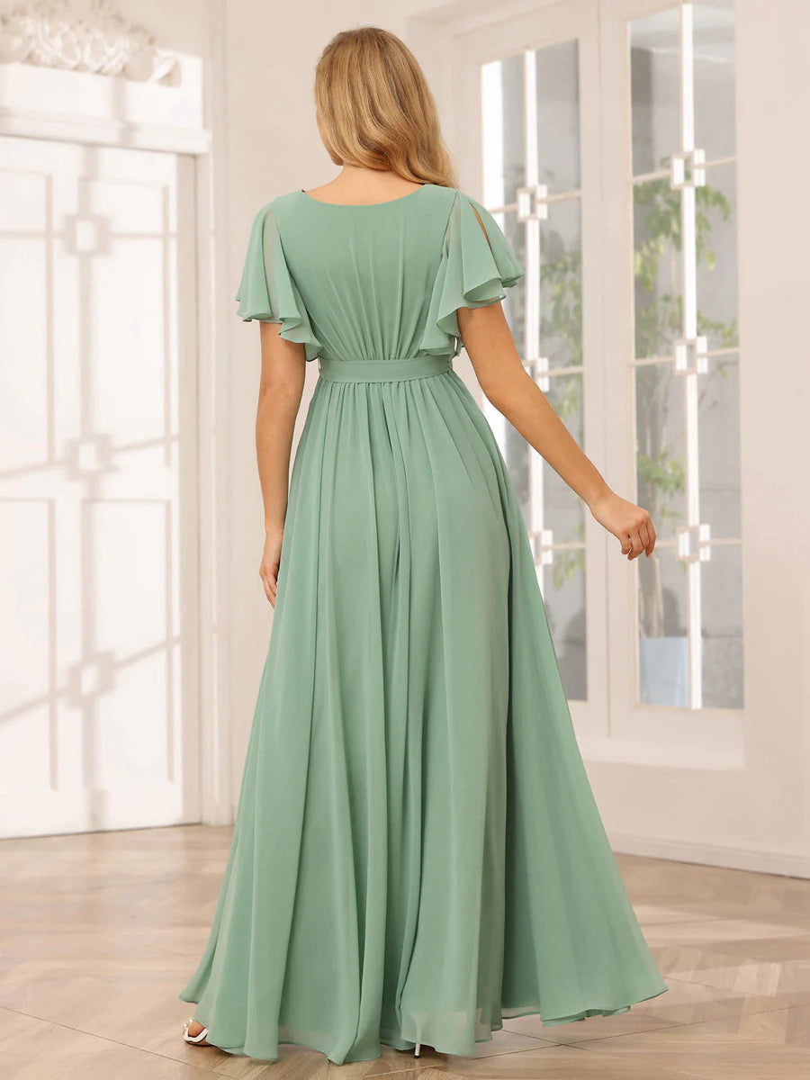 Wholesa A-Line/Princess V-Neck Short Sleeves Long Bridesmaid Dresses With Sash