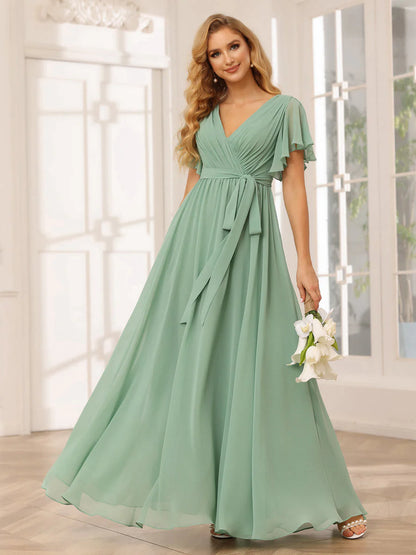 Wholesa A-Line/Princess V-Neck Short Sleeves Long Bridesmaid Dresses With Sash