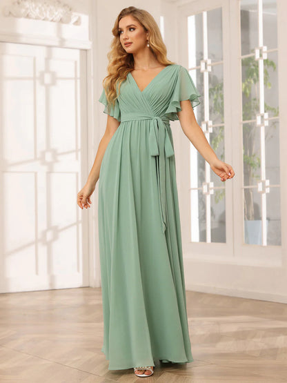 Wholesa A-Line/Princess V-Neck Short Sleeves Long Bridesmaid Dresses With Sash