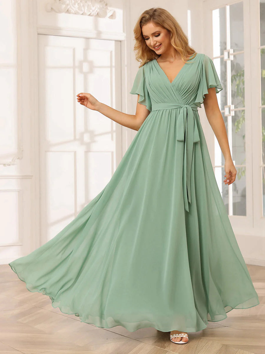 Wholesa A-Line/Princess V-Neck Short Sleeves Long Bridesmaid Dresses With Sash