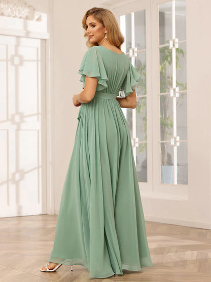 Wholesa A-Line/Princess V-Neck Short Sleeves Long Bridesmaid Dresses With Sash