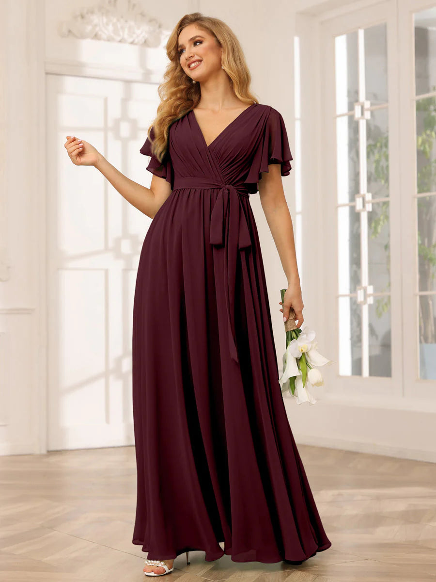 Wholesa A-Line/Princess V-Neck Short Sleeves Long Bridesmaid Dresses With Sash