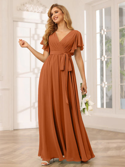 Wholesa A-Line/Princess V-Neck Short Sleeves Long Bridesmaid Dresses With Sash