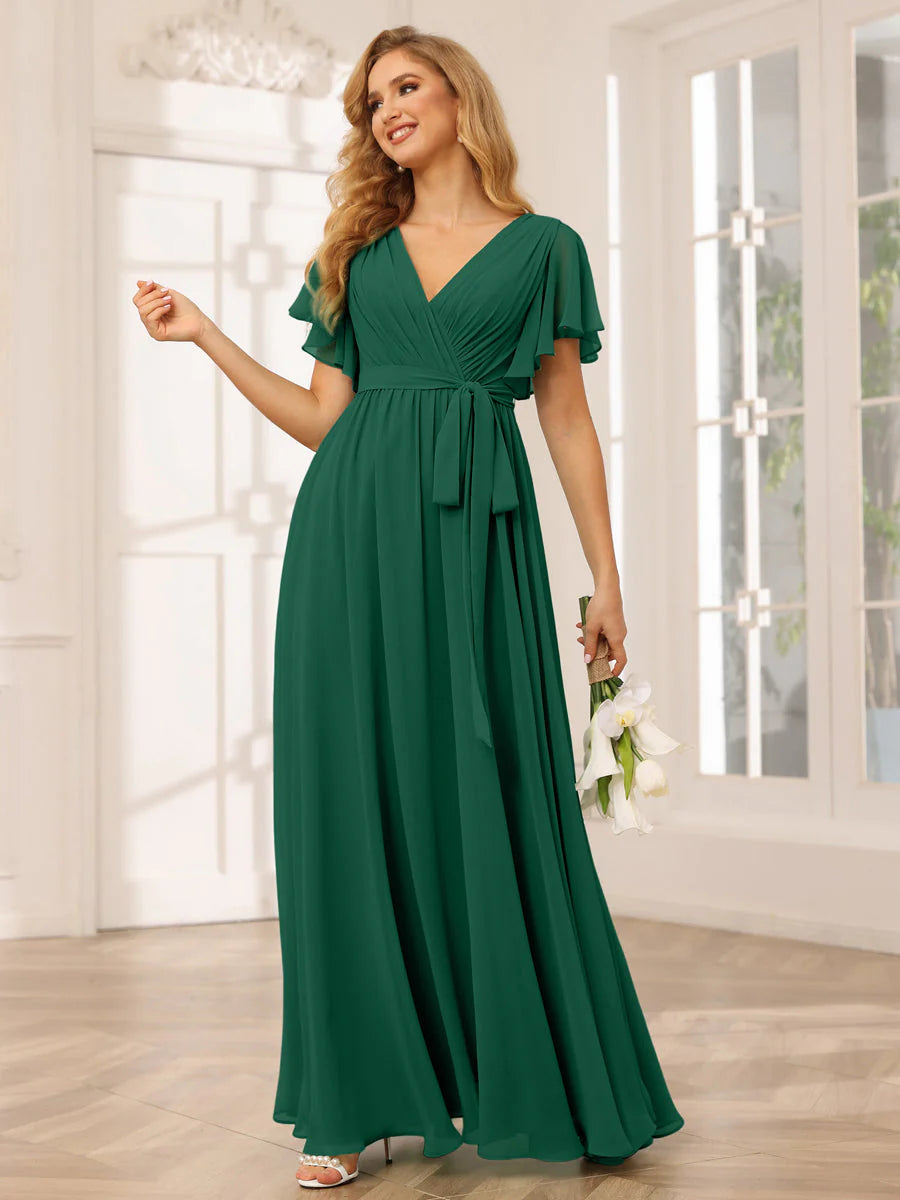 Wholesa A-Line/Princess V-Neck Short Sleeves Long Bridesmaid Dresses With Sash