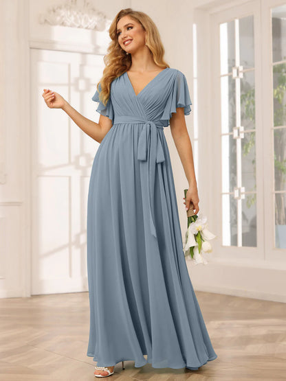 Wholesa A-Line/Princess V-Neck Short Sleeves Long Bridesmaid Dresses With Sash