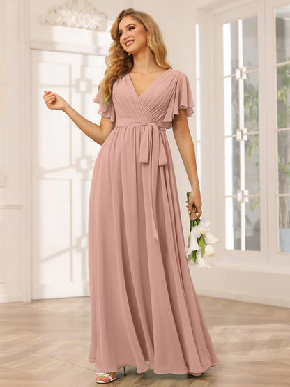 Wholesa A-Line/Princess V-Neck Short Sleeves Long Bridesmaid Dresses With Sash