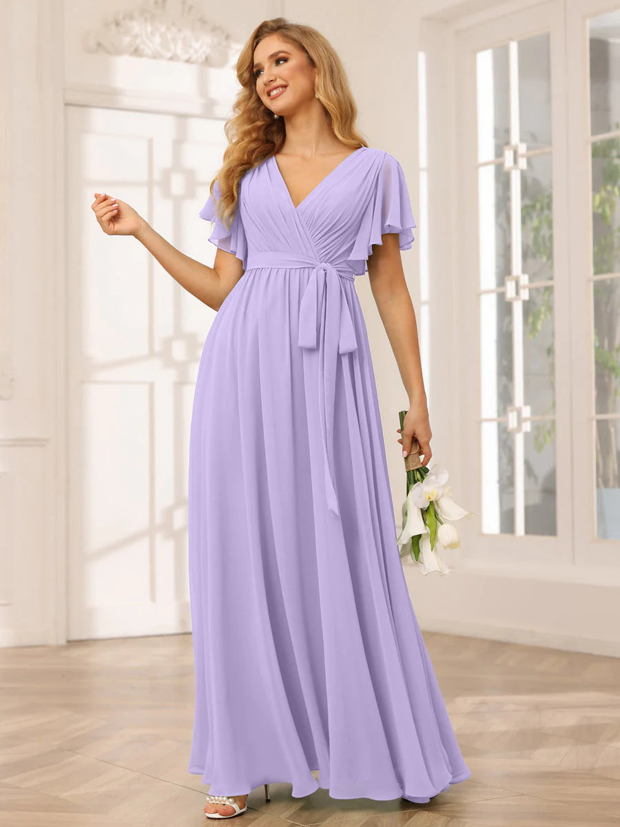 Wholesa A-Line/Princess V-Neck Short Sleeves Long Bridesmaid Dresses With Sash