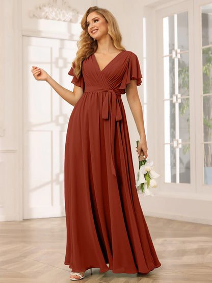 Wholesa A-Line/Princess V-Neck Short Sleeves Long Bridesmaid Dresses With Sash