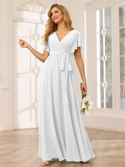 Wholesa A-Line/Princess V-Neck Short Sleeves Long Bridesmaid Dresses With Sash