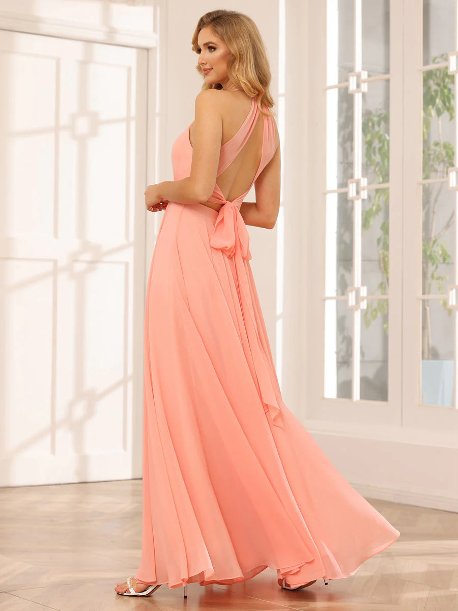 Wholesa A-Line/Princess Halter Long Bridesmaid Dresses With Split Side