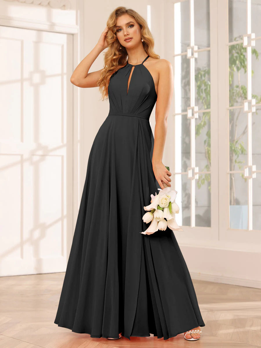 Wholesa A-Line/Princess Halter Long Bridesmaid Dresses With Split Side