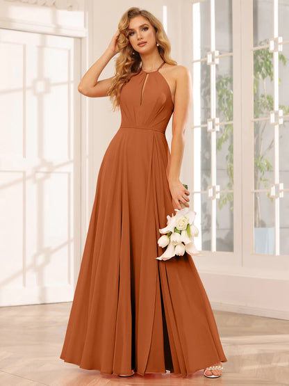 Wholesa A-Line/Princess Halter Long Bridesmaid Dresses With Split Side