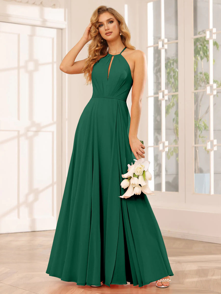 Wholesa A-Line/Princess Halter Long Bridesmaid Dresses With Split Side