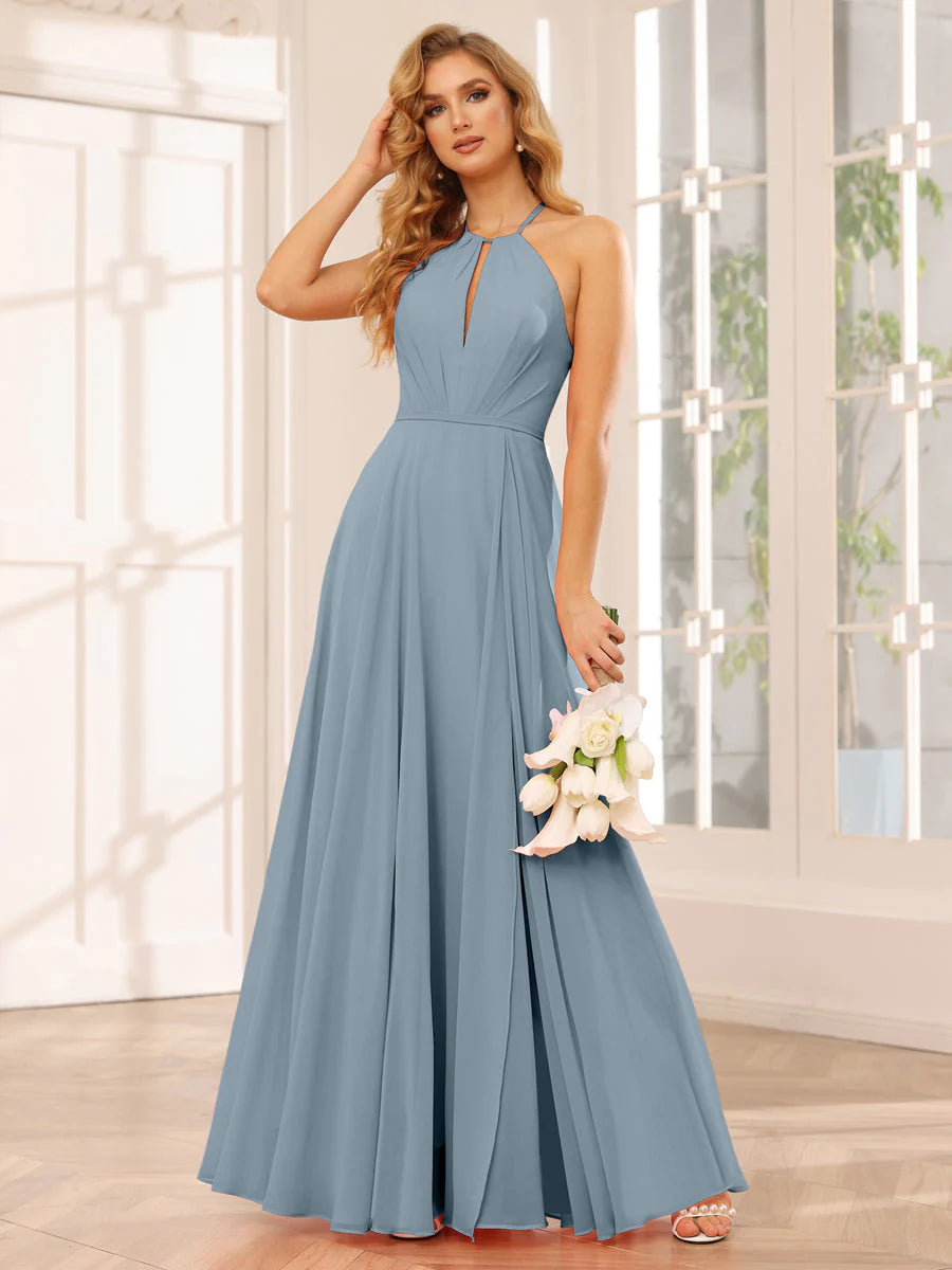 Wholesa A-Line/Princess Halter Long Bridesmaid Dresses With Split Side