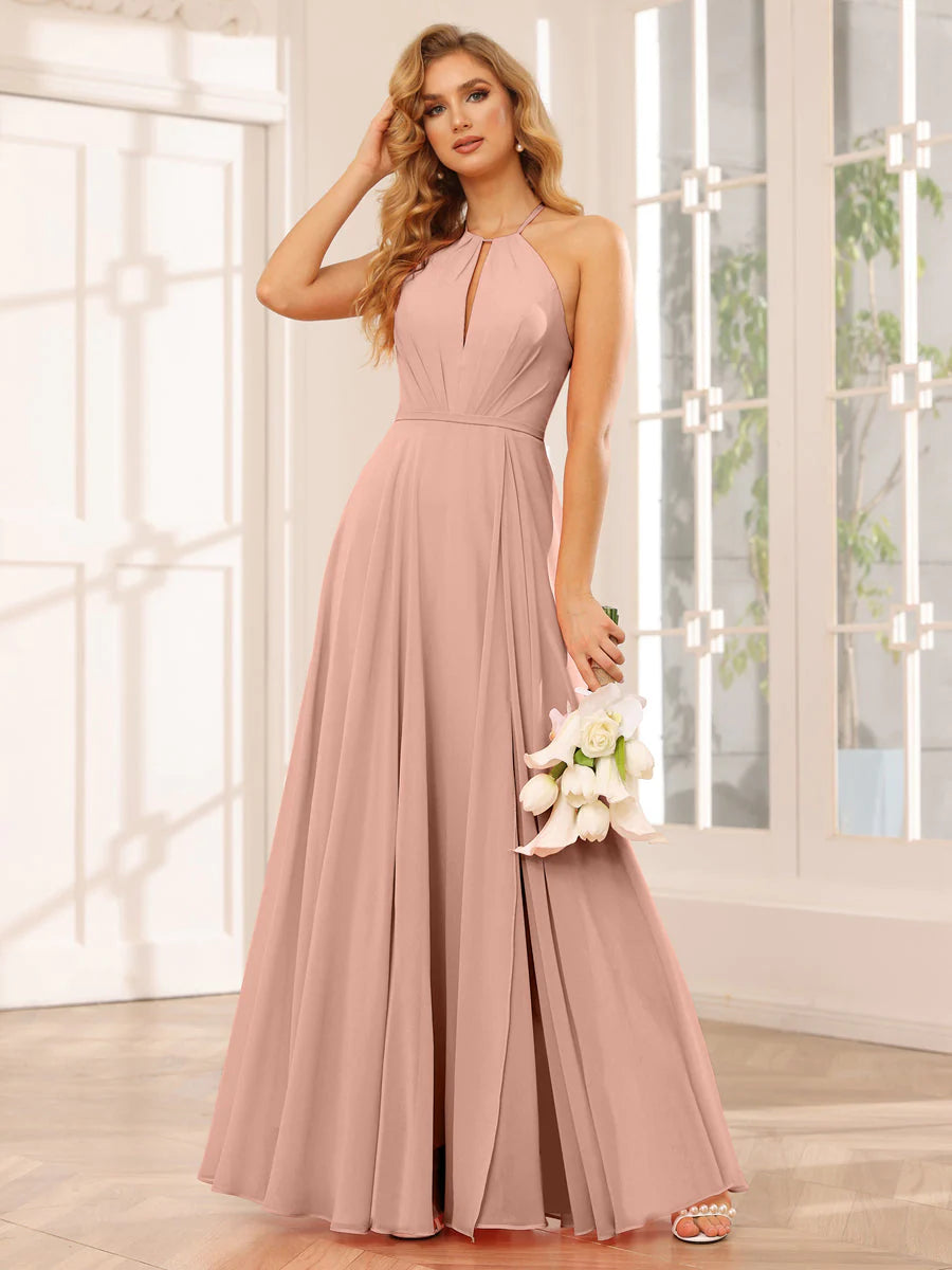 Wholesa A-Line/Princess Halter Long Bridesmaid Dresses With Split Side