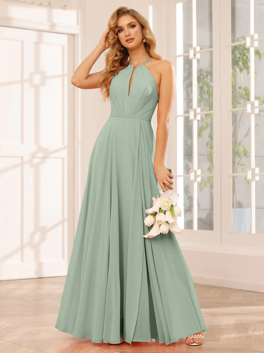 Wholesa A-Line/Princess Halter Long Bridesmaid Dresses With Split Side