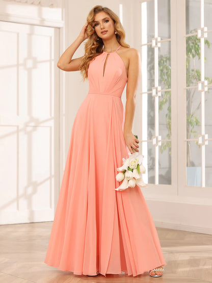 Wholesa A-Line/Princess Halter Long Bridesmaid Dresses With Split Side