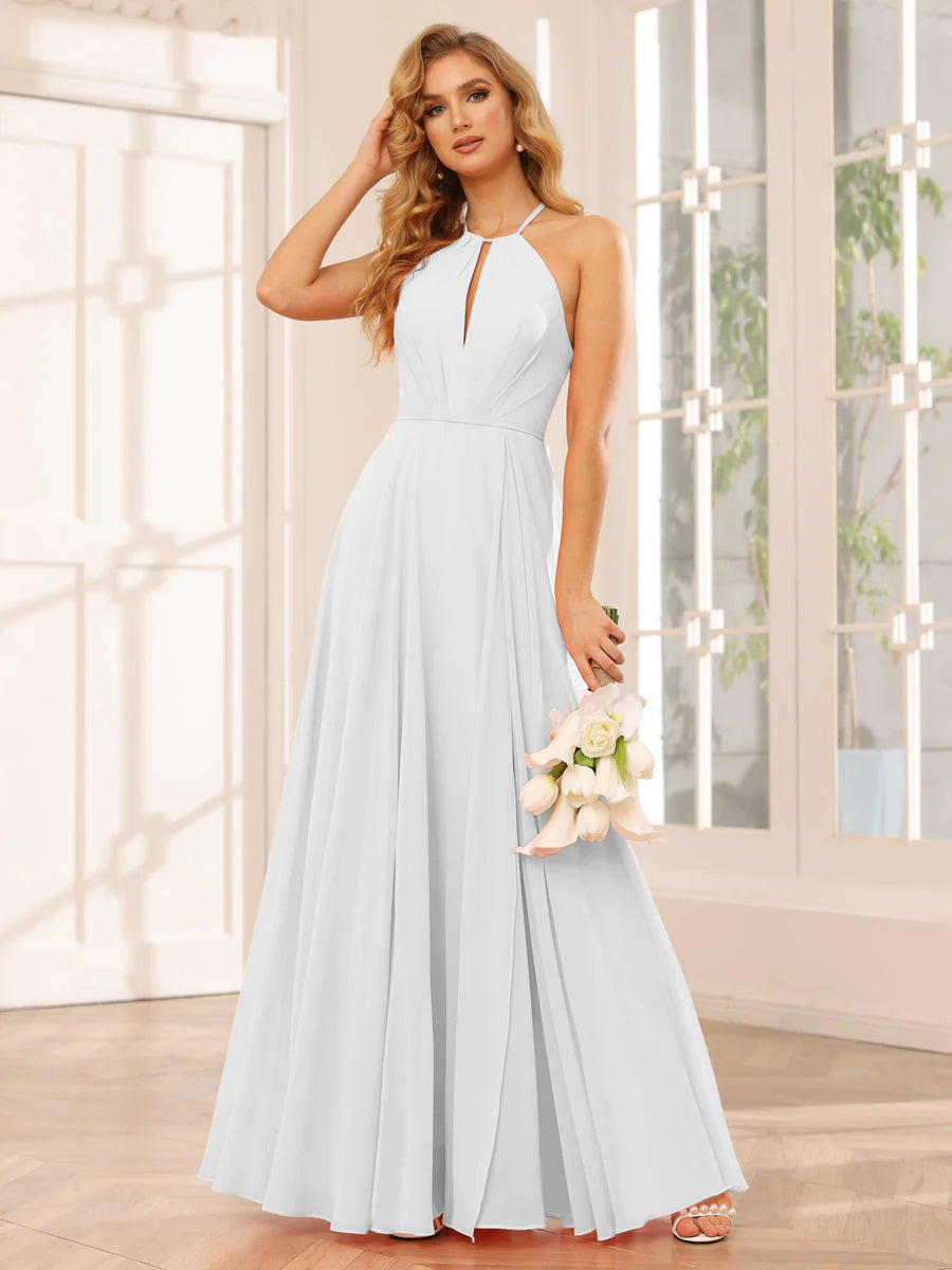 Wholesa A-Line/Princess Halter Long Bridesmaid Dresses With Split Side